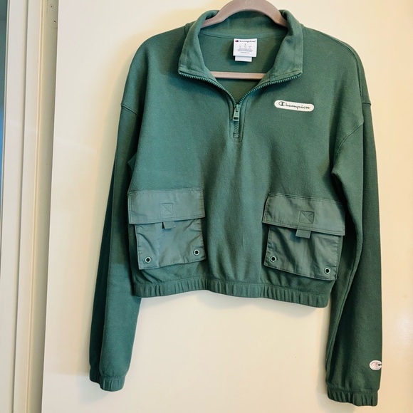 Champion Tops - Champion Green Quarter Zip Cropped Pullover with Patch Pockets